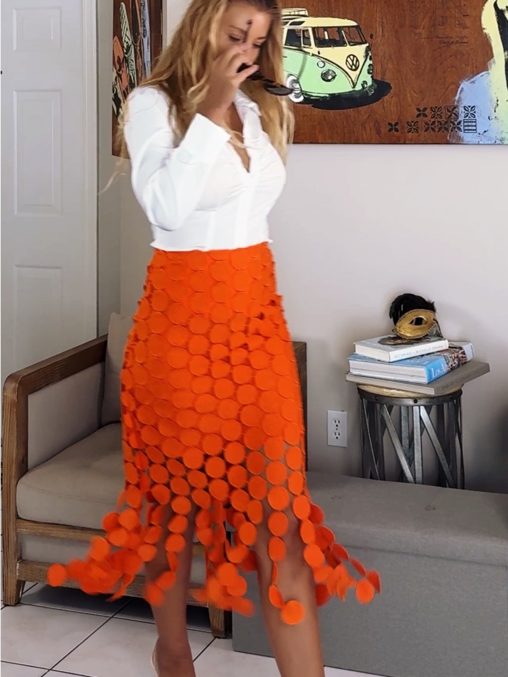 Orange Midi Skirt with Circle-Detail Fringe - Picture 3 of 9